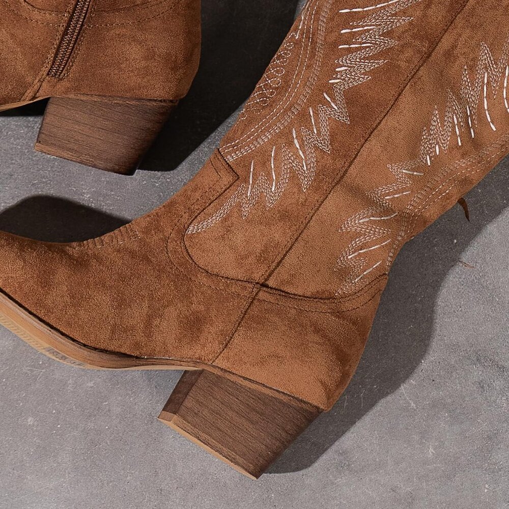 ⚡Women's Brown Solid Color Suede Embroidered Side Zipper High Heeled Boots - Picture 7 of 7